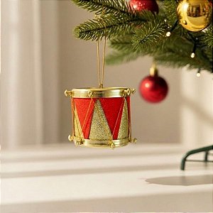 Enfeite Para Pendurar De Natal - Tambor Vermelho e Dourado com Estampa  - 6cm - 2 unidades - Rizzo