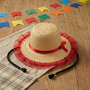 Chapéu de Palha de Renda com Trança - Vermelho - 19x30cm - 1 unidade - Rizzo