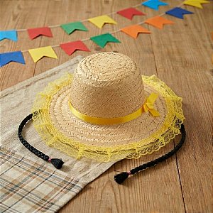 Chapéu de Palha de Renda com Trança - Amarelo - 19x30cm - 1 unidade - Rizzo