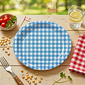Prato de Papel Xadrez Azul 18cm Festa Junina - 08 unidades - Kaixote - Rizzo Festas