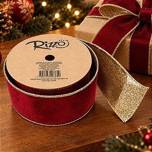 Fita Aramada Decorativa de Natal - Vermelho Escuro com Verso Dourado - 6,3cm x 9,14m - 1 unidade - Rizzo