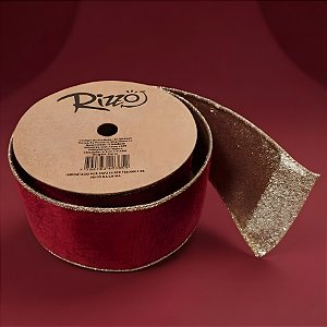Fita Aramada Decorativa de Natal - Vermelho Escuro com Verso Dourado - 6,3cm x 9,14m - 1 unidade - Rizzo