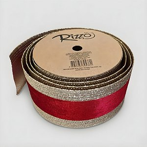 Fita Aramada Decorativa de Natal - Trilho Vermelho com Borda Dourada - 6,3cm x 9,14m - 1 unidade - Rizzo