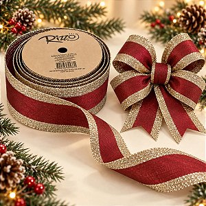 Fita Aramada Decorativa de Natal - Trilho Vermelho Escuro com Borda Dourada - 6,3cm x 9,14m - 1 unidade - Rizzo