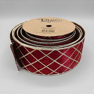Fita Aramada Decorativa de Natal - Quadriculado Vermelho Escuro e Ouro - 6,3cm x 9,14m - 1 unidade - Rizzo