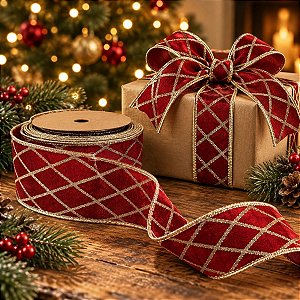 Fita Aramada Decorativa de Natal - Vermelho e Glitter Dourado - 6,3cm x 9,14m - 1 unidade - Rizzo