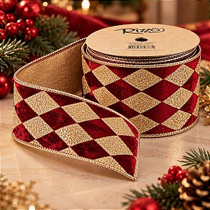 Fita Aramada Decorativa de Natal - Losango Vinho e Dourado - 6,3cm x 9,14m - 1 unidade - Rizzo