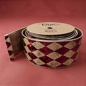 Fita Aramada Decorativa de Natal - Losango Vinho e Dourado - 6,3cm x 9,14m - 1 unidade - Rizzo