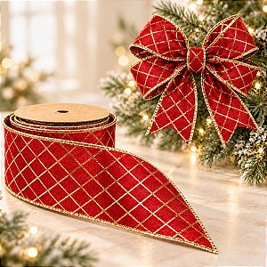 Fita Aramada Decorativa de Natal - Quadriculado Vermelho e Ouro - 6,3cm x 9,14m - 1 unidade - Rizzo