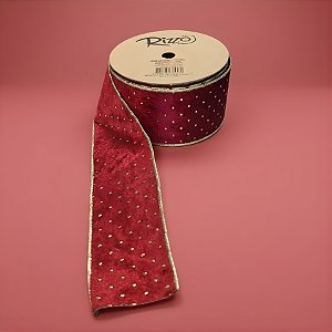 Fita Aramada Decorativa de Natal - Vermelha com Pingos Dourados - 6,3cm x 9,14m - 1 unidade - Rizzo