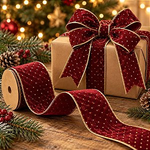 Fita Aramada Decorativa de Natal - Vermelha com Pingos Dourados - 6,3cm x 9,14m - 1 unidade - Rizzo