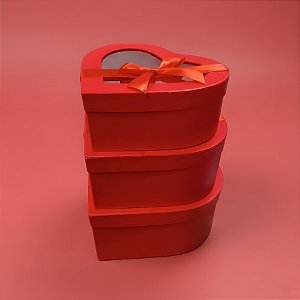 Kit Caixa Papel Rígido Coração Vermelho com Tampa Visor e Laço - 3 unidades - Rizzo