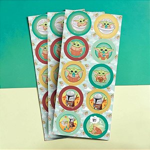 Adesivo Redondo - Grogu - Star Wars - 4x4cm - Disney Original - 30 unidades - Regina - Rizzo