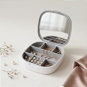 Mini Porta Jóias Portátil com Espelho - Cinza e Branco - 10cm - 1 unidade - Rizzo