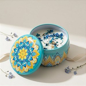 Vela Aromática - Lata Metálica Mandala - Verde Água e Amarelo - 7cm - 1 unidade - Rizzo