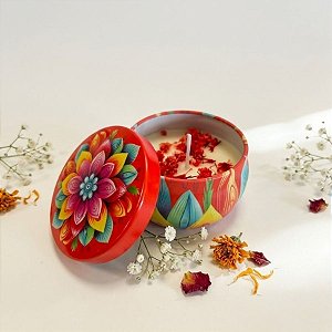 Vela Aromática - Lata Metalizada Mandala - Vermelho Colorido - 6cm - 1 unidade - Rizzo