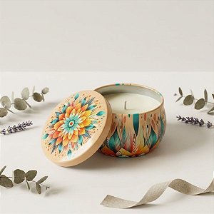 Vela Aromática - Lata Metálica Mandala - Bege - 6cm - 1 unidade - Rizzo