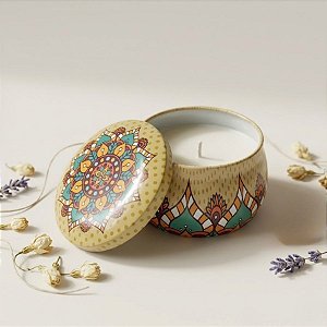 Vela Aromática - Lata Metálica Mandala - Verde e Laranja  - 7cm - 1 unidade - Rizzo