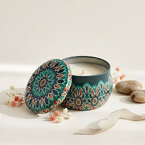 Vela Aromática - Lata Metálica Mandala - Verde Escuro  - 7cm - 1 unidade - Rizzo