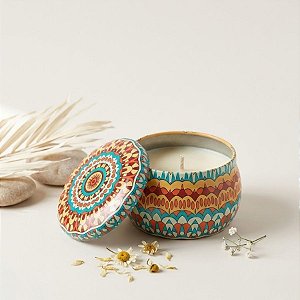 Vela Aromática - Lata Metálica Mandala - Azul e Laranja  - 7cm - 1 unidade - Rizzo