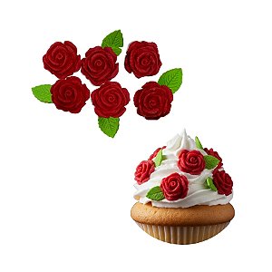 Confeito de Açúcar - Rosas com Folhas - Vermelho - 12 unidades - Abelha Confeiteira - Rizzo