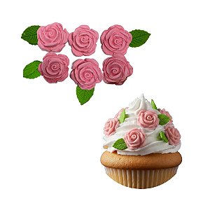 Confeito de Açúcar - Rosas com Folhas - Rosa Pastel - 12 unidades - Abelha Confeiteira - Rizzo