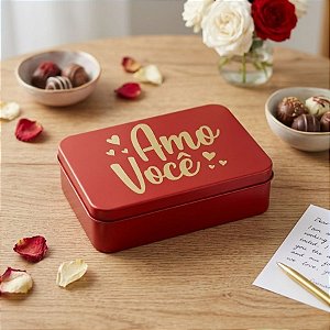 Lata de Metal Retangular Personalizada - Vermelho - Amo Voce - 14x10x4,5cm - 1 unidade - Rizzo