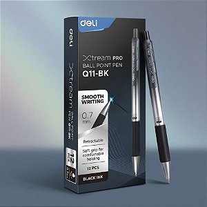 Caneta Esferográfica Retrátil Xtream Pro - Ponta Bullet 0,7mm Preta - Caixa - 12 unidades - Deli - Rizzo