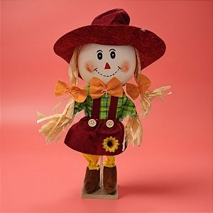 Enfeite Decorativo de Festa Junina Espantalho com Base e Chapéu Grande Vermelho - Menina - 12x42cm - 1 unidade - Rizzo