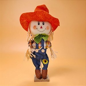 Enfeite Decorativo de Festa Junina Espantalho com Base e Chapéu Grande Laranja - Menino - 12x42cm - 1 unidade - Rizzo