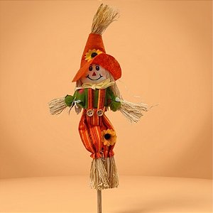 Espeto Para Jardim de Bambu Espantalho de Festa Junina - Menino Chapéu Laranja - 14x46cm - 1 unidade - Rizzo