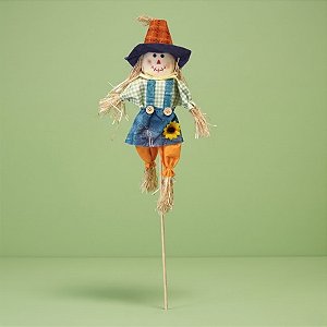 Espeto para Jardim de Bambu Espantalho de Festa Junina - Chapéu Laranja e Azul - 15x63cm - 1 unidade - Rizzo