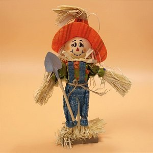 Espantalho Decorativo de Festa Junina com Pá - Chapéu Laranja - 13x21x4cm - 1 unidade - Rizzo