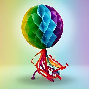 Enfeite Decorativo de Papel Seda - Colmeia Redonda Colorida com Rabiola - 25,5x25cm - 1 unidade - Rizzo