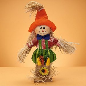 Enfeite Decorativo de Festa Junina Espantalho com Base e Cestinha - Chapéu Laranja - 16x30cm - 1 unidade - Rizzo