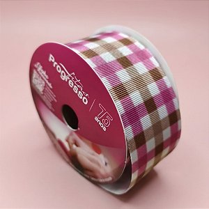 Fita de Cetim 38mm x 10m - Festa Junina Xadrez Marrom e Rosa - EGP009TR Cor 373 - Rolo 10m - 1 unidade - Progresso - Riz