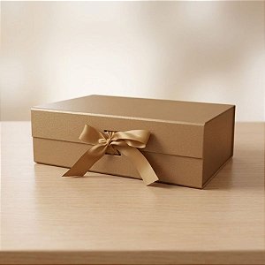 Caixa de Papel Rígido Retangular com Imã e Fita  - Ouro Chique - P 20x18x8cm - 1 unidade - Rizzo