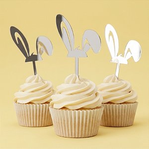 Topo de Bolo - Orelha de Coelho - Espelhado Prata - 10cm - 3 unidades - Sonho Fino - Rizzo