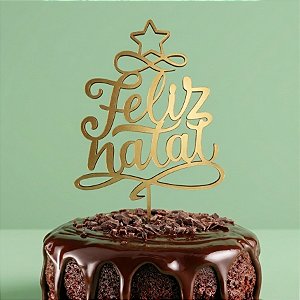 Topo de Bolo - Feliz Natal - Metalizado Dourado - 21,5cm - 1 unidade - Sonho Fino - Rizzo