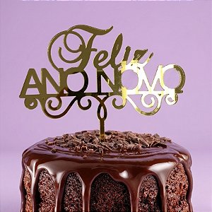 Topo de Bolo - Feliz Ano Novo - Espelhado Dourado - 16,5cm - 1 unidade - Sonho Fino - Rizzo