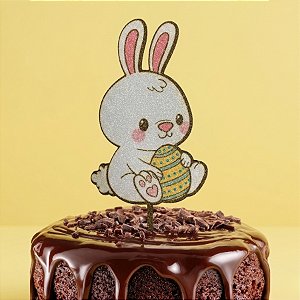 Topo de Bolo - Coelho Segurando Ovo de Páscoa - Colorido com Glitter - 21cm - 1 unidade - Sonho Fino - Rizzo