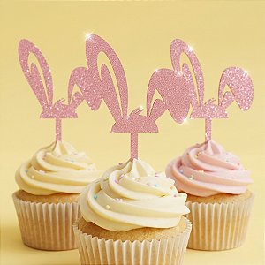Topo de Bolo - Orelha de Coelho com Glitter - Rosa Claro - 10cm - 3 unidades - Sonho Fino - Rizzo