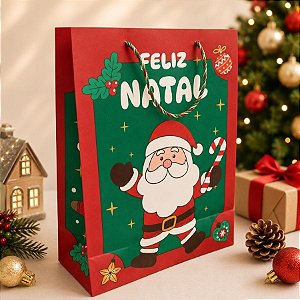 Sacola de Papel de Natal - Feliz Natal - Vermelho e Verde - 31cm - 1 unidade - Rizzo