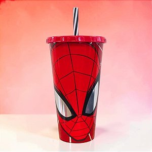 Copo de Plástico com Tampa e Canudo - Homem Aranha - Vermelho - 700ml - 1 unidade - Plasútil - Rizzo