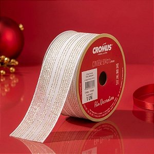 Fita Aramada Decorativa de Natal - Listrada Branco e Dourado - 9,14m - 1 unidade - Cromus - Rizzo