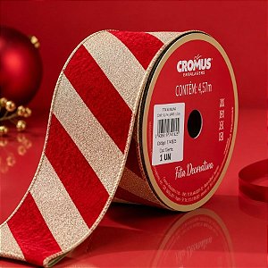 Fita Aramada Decorativa de Natal Veludo - Listras Vermelhas e Douradas Com Glitter -  4,57m - 1 unidade - Cromus - Rizzo