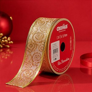 Fita Aramada Decorativa de Natal - Voil Dourado Com Arabescos Brilhante - 9,14m - 1 unidade - Cromus - Rizzo