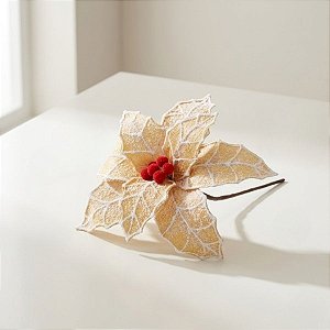 Poinsétia Decorativa - Bege Com Frutas Vermelhas - 41cm - 1 unidade - Cromus - Rizzo