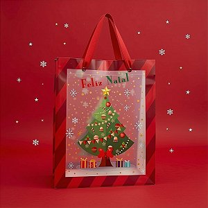 Sacola Transparente Fosca Com Alça De Fibra Vermelha - Pinheiro de Natal - 25x20x7cm - 1 unidade - Rizzo