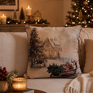 Almofada de Natal - Cenário Natalino com Casa e Carrinho - 43x43cm - 1 unidade - Rizzo